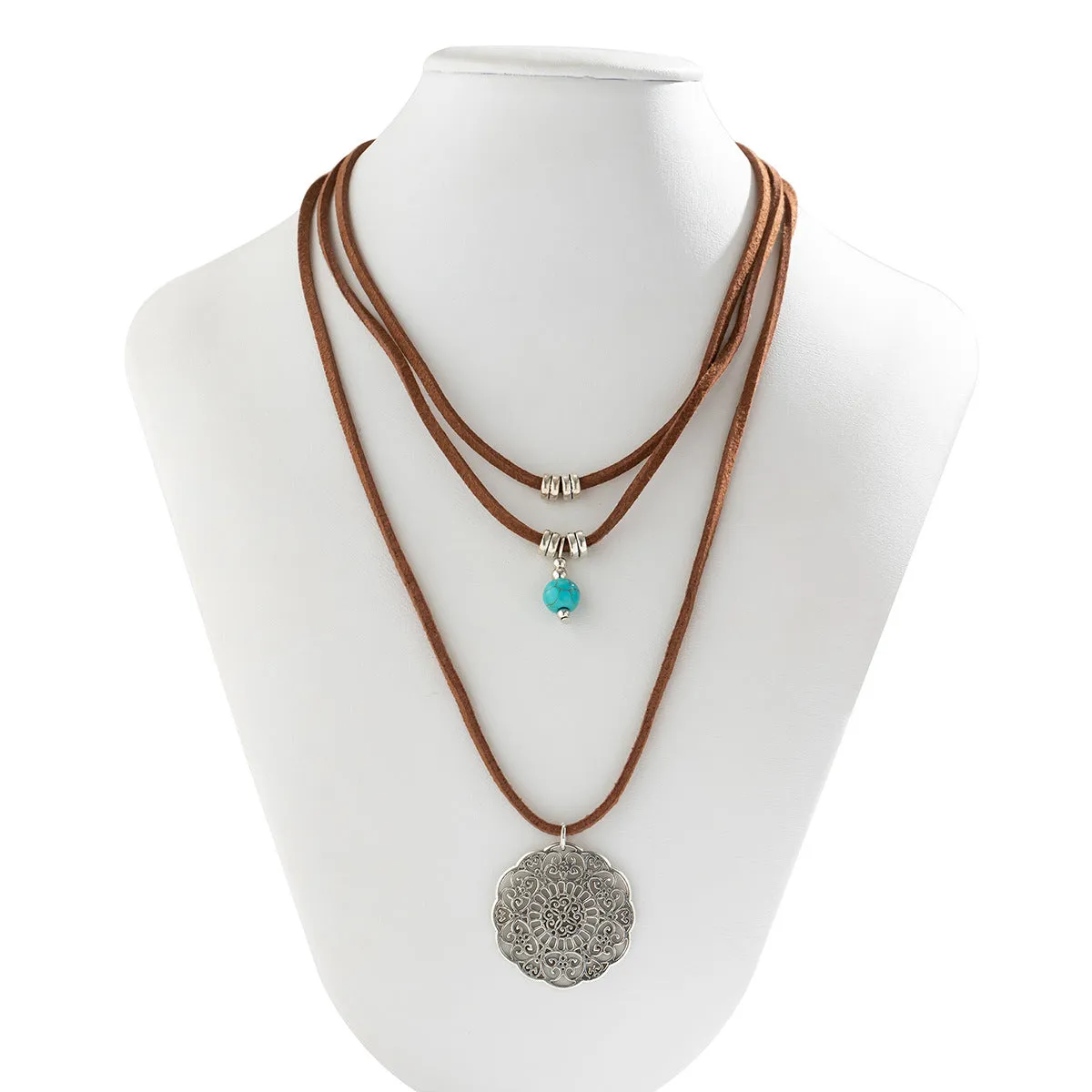 Europe and America Cross Border Ornament Retro Turquoise Pendant Flower Disk Flannel Necklace Niche Ethnic Style Flannel Harajuku Necklace