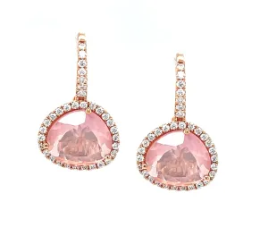 Faceted Rose Quartz and Diamond Halo Drop Earrings in 18k Rose Gold