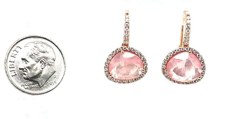 Faceted Rose Quartz and Diamond Halo Drop Earrings in 18k Rose Gold