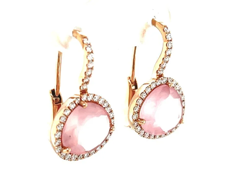 Faceted Rose Quartz and Diamond Halo Drop Earrings in 18k Rose Gold