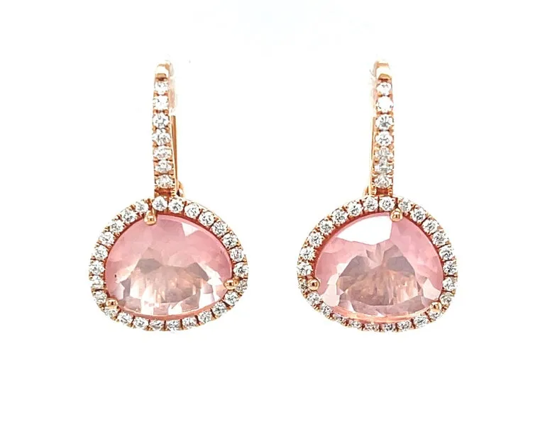 Faceted Rose Quartz and Diamond Halo Drop Earrings in 18k Rose Gold