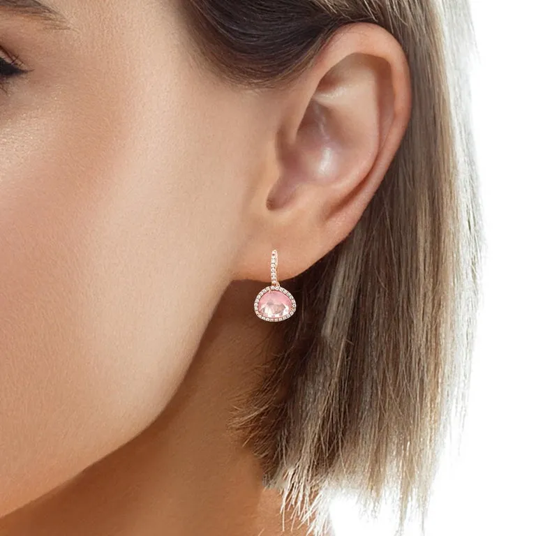Faceted Rose Quartz and Diamond Halo Drop Earrings in 18k Rose Gold