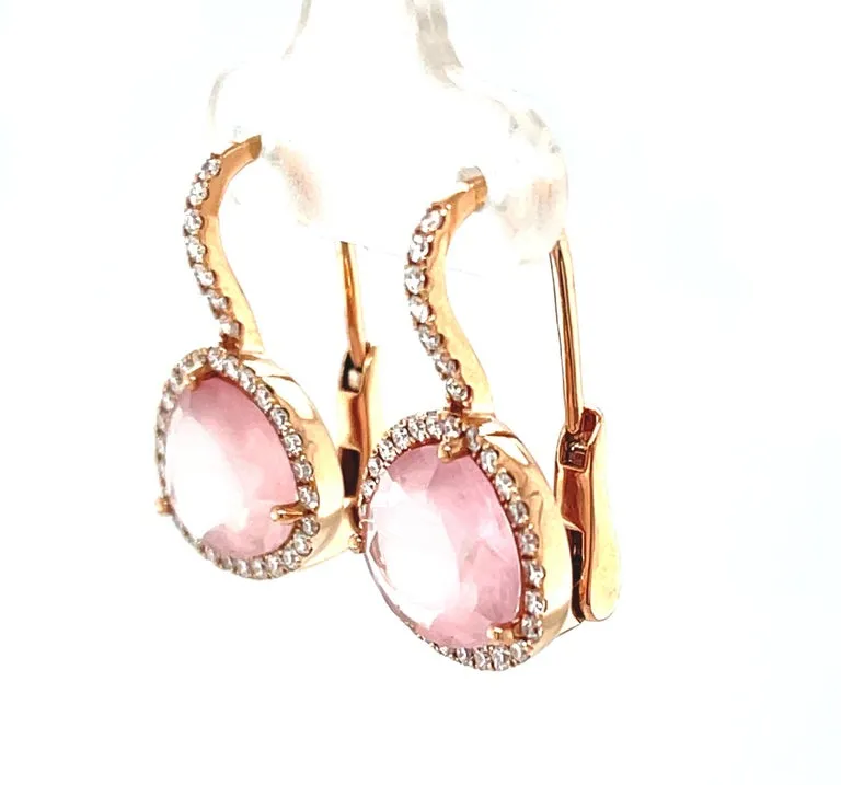Faceted Rose Quartz and Diamond Halo Drop Earrings in 18k Rose Gold