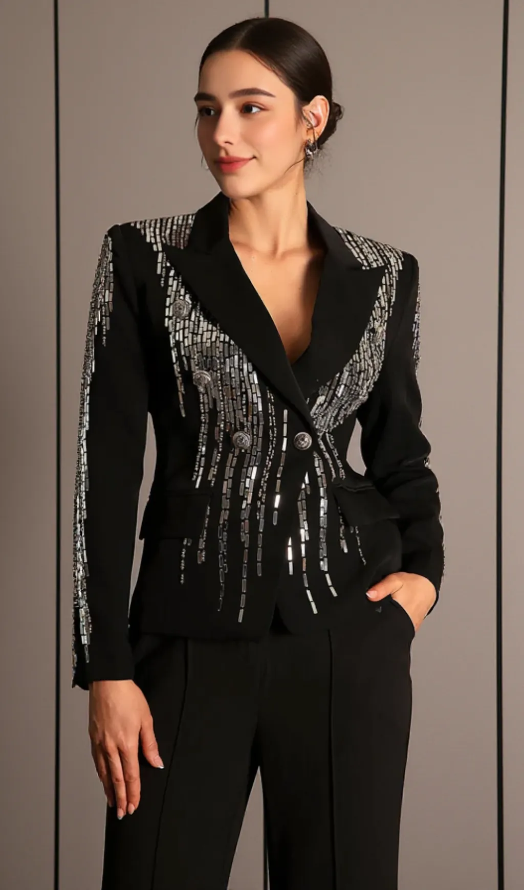 Faidra Rhinestone Double Breasted Lapel Blazer in black