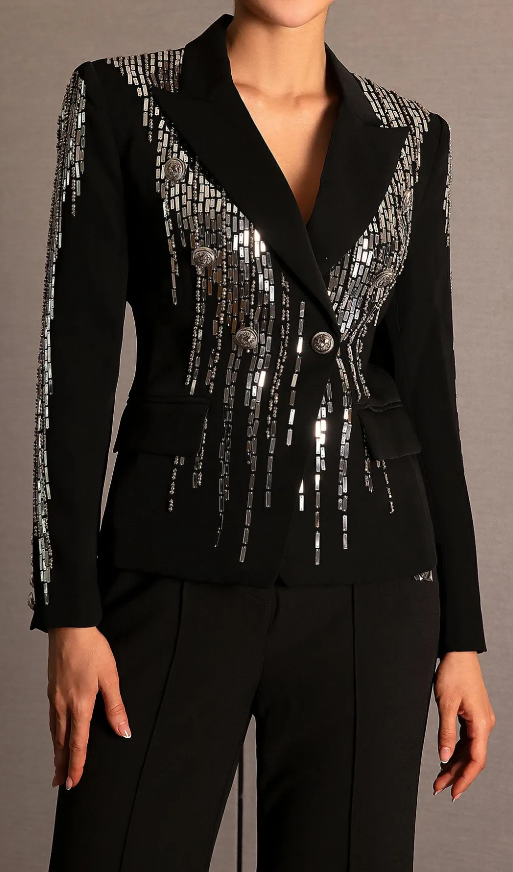 Faidra Rhinestone Double Breasted Lapel Blazer in black