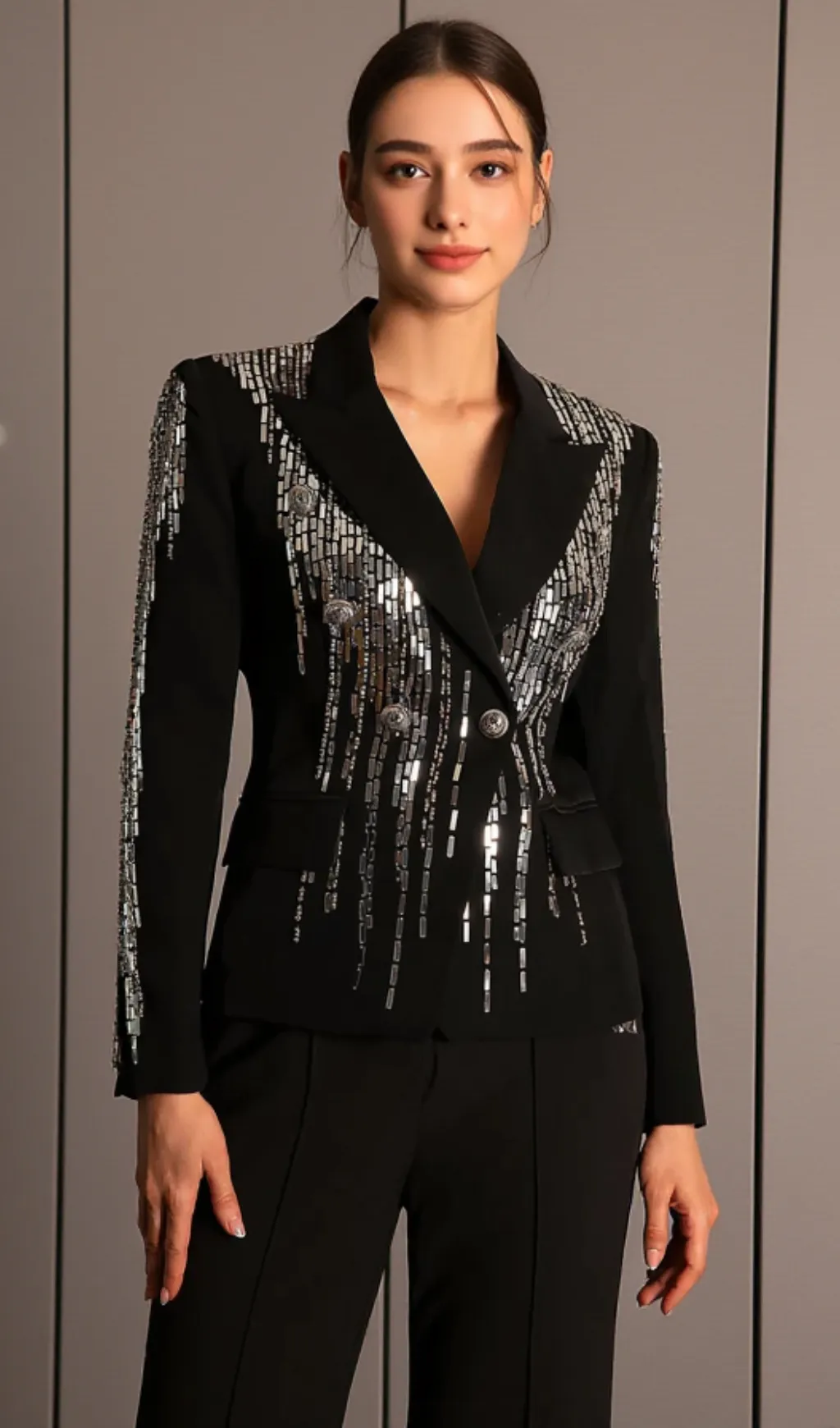 Faidra Rhinestone Double Breasted Lapel Blazer in black