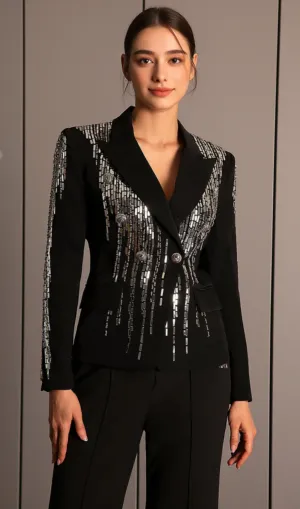 Faidra Rhinestone Double Breasted Lapel Blazer in black