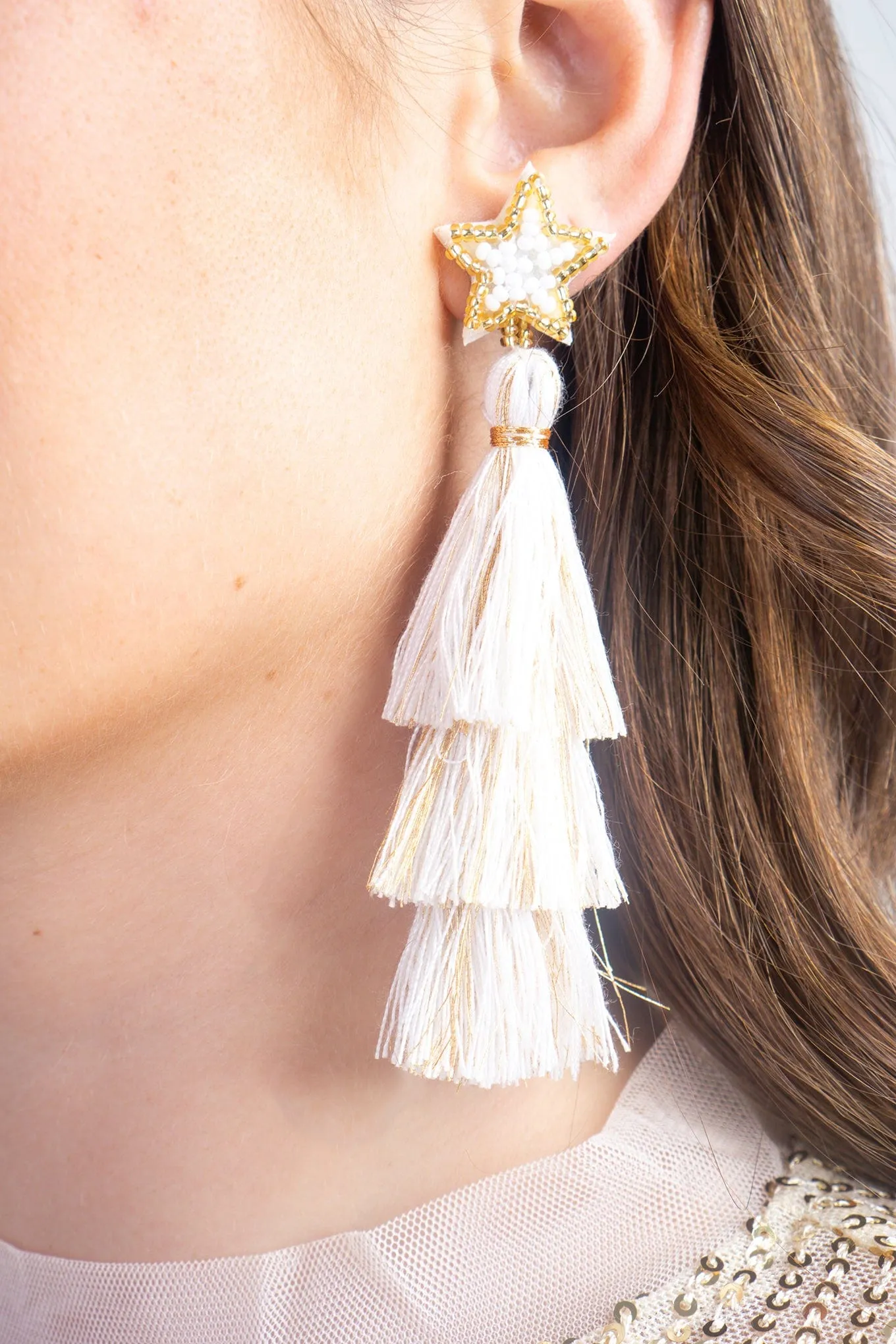 Fashion White Rice Beads Braided Five-pointed Star Tassel Christmas Earrings