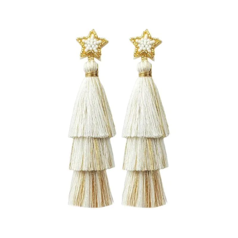 Fashion White Rice Beads Braided Five-pointed Star Tassel Christmas Earrings