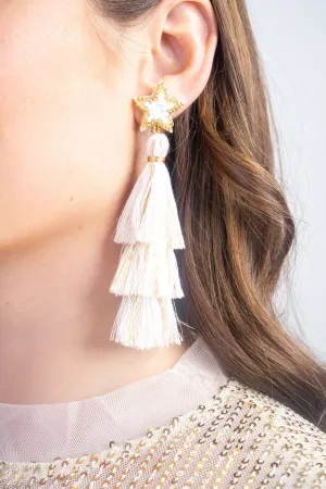 Fashion White Rice Beads Braided Five-pointed Star Tassel Christmas Earrings