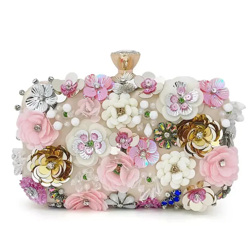 Fashion Women Clutches Flower Evening Handbag Chain Strap Shoulder Bag Multicolored 3D Flowers Evening Clutch