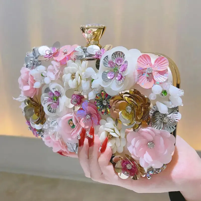 Fashion Women Clutches Flower Evening Handbag Chain Strap Shoulder Bag Multicolored 3D Flowers Evening Clutch