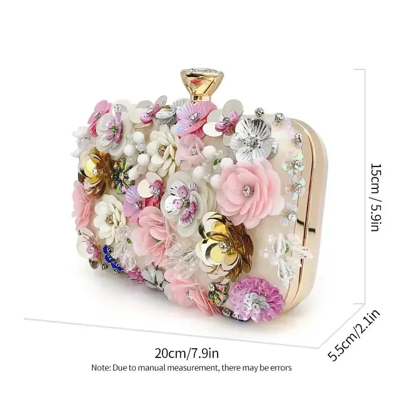 Fashion Women Clutches Flower Evening Handbag Chain Strap Shoulder Bag Multicolored 3D Flowers Evening Clutch