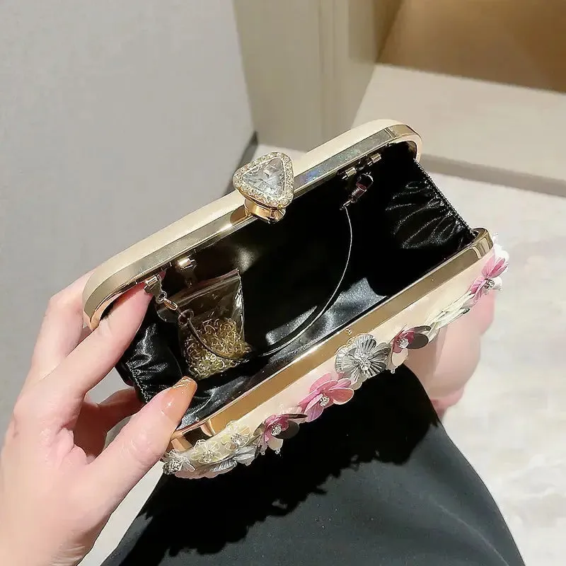 Fashion Women Clutches Flower Evening Handbag Chain Strap Shoulder Bag Multicolored 3D Flowers Evening Clutch