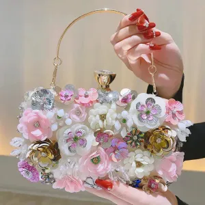Fashion Women Clutches Flower Evening Handbag Chain Strap Shoulder Bag Multicolored 3D Flowers Evening Clutch