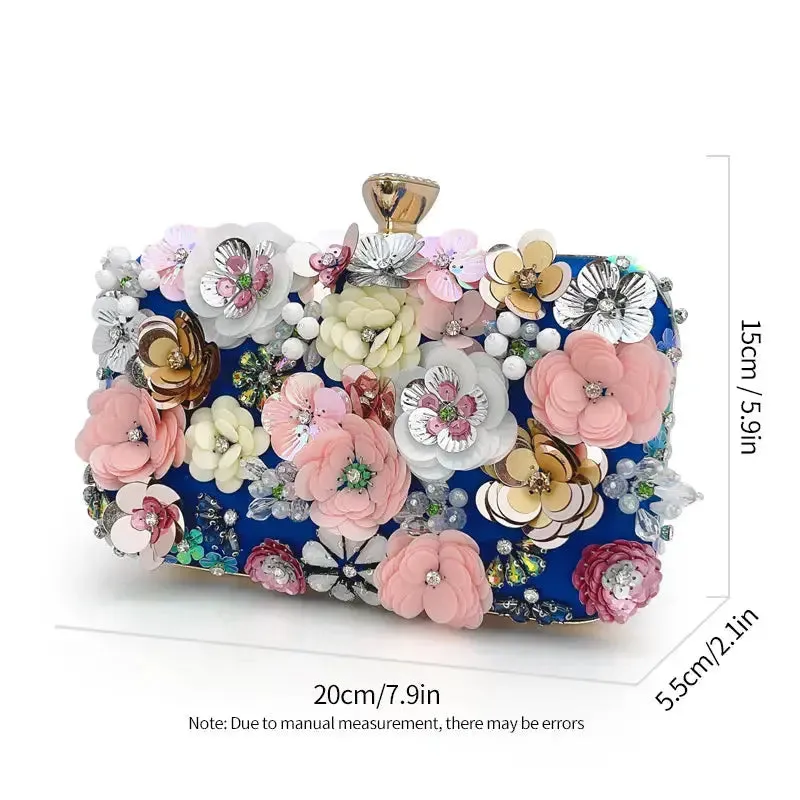 Fashion Women Clutches Flower Evening Handbag Chain Strap Shoulder Bag Multicolored 3D Flowers Evening Clutch
