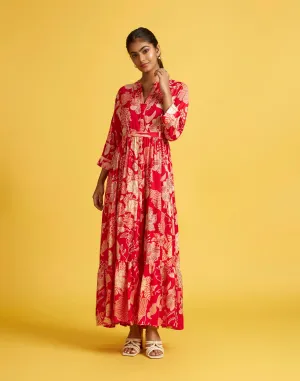 Fire Red Doodle Printed Flared Kurti