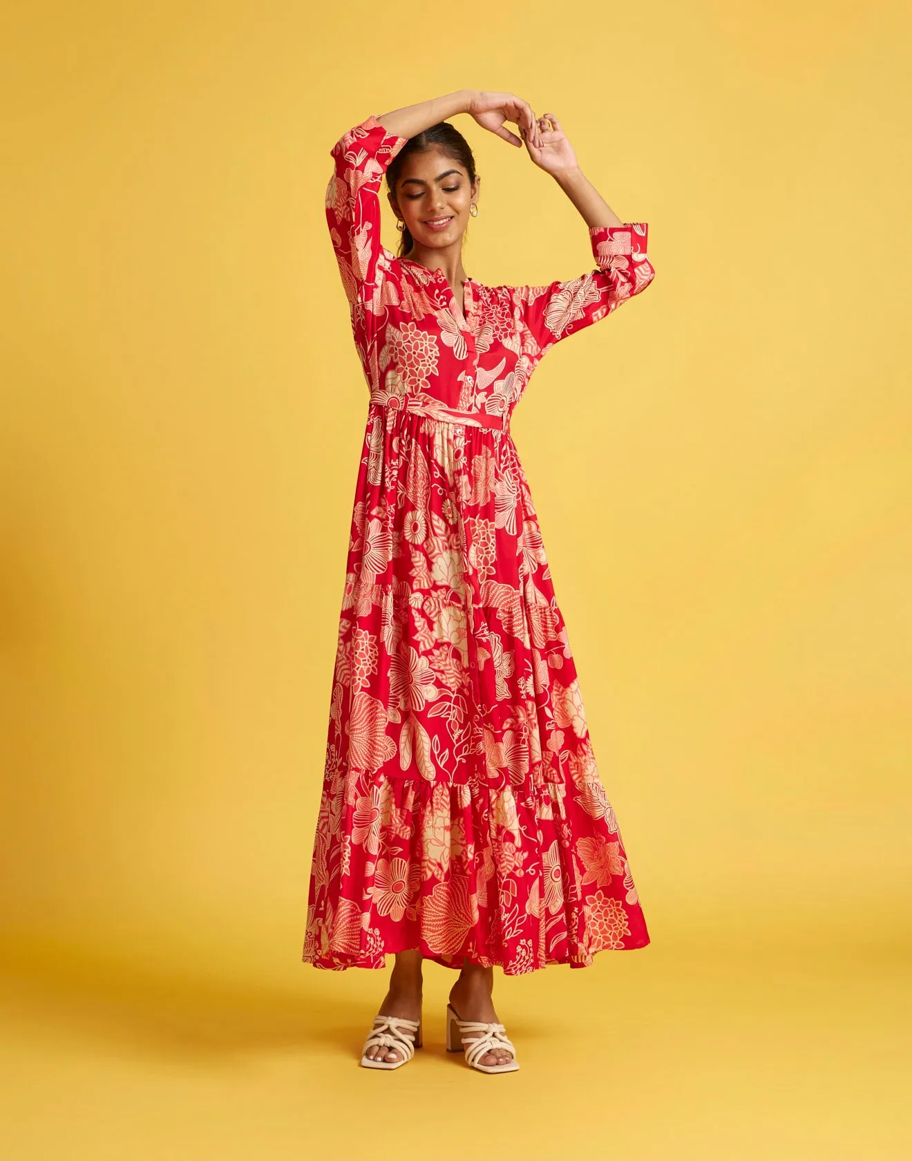 Fire Red Doodle Printed Flared Kurti