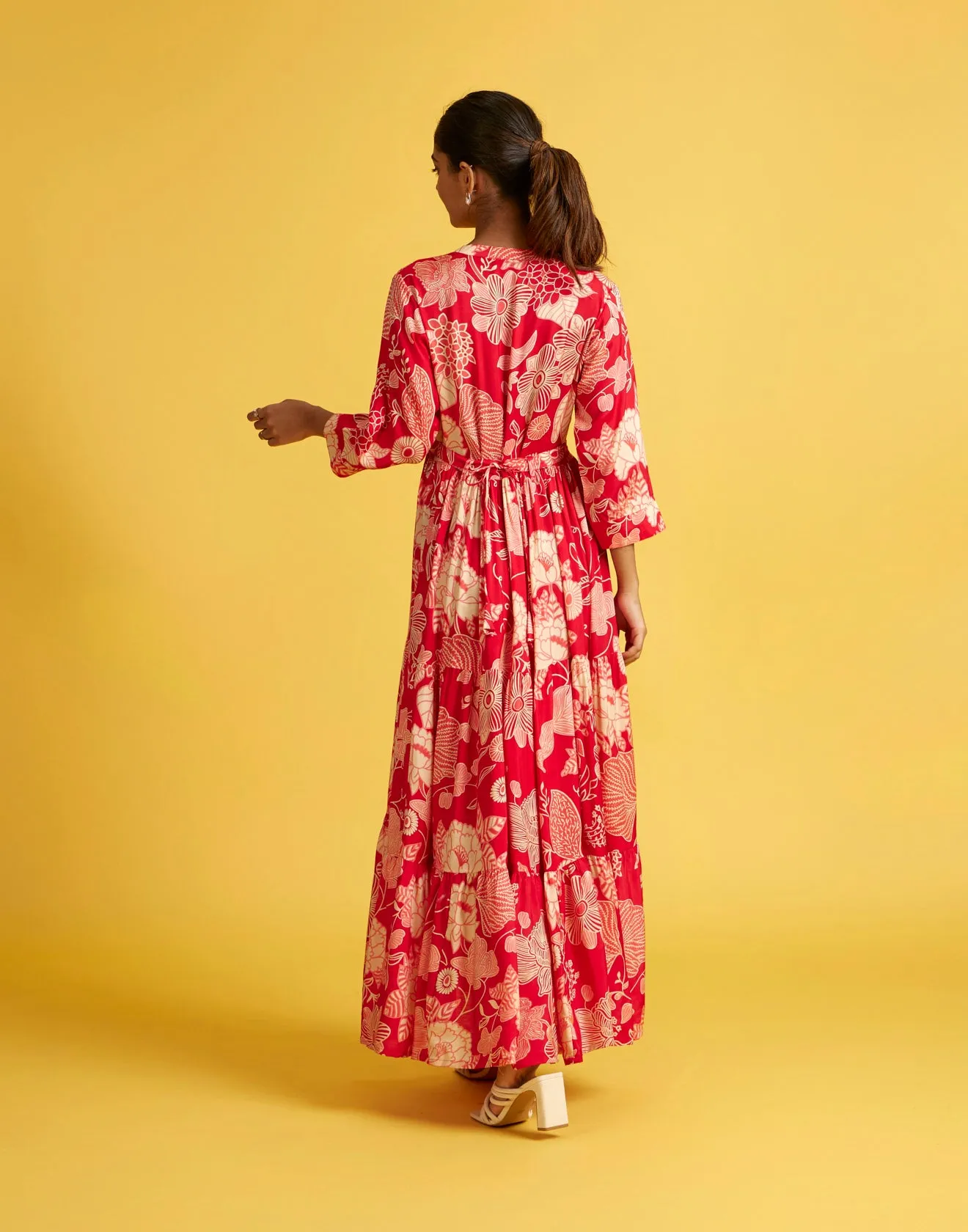 Fire Red Doodle Printed Flared Kurti