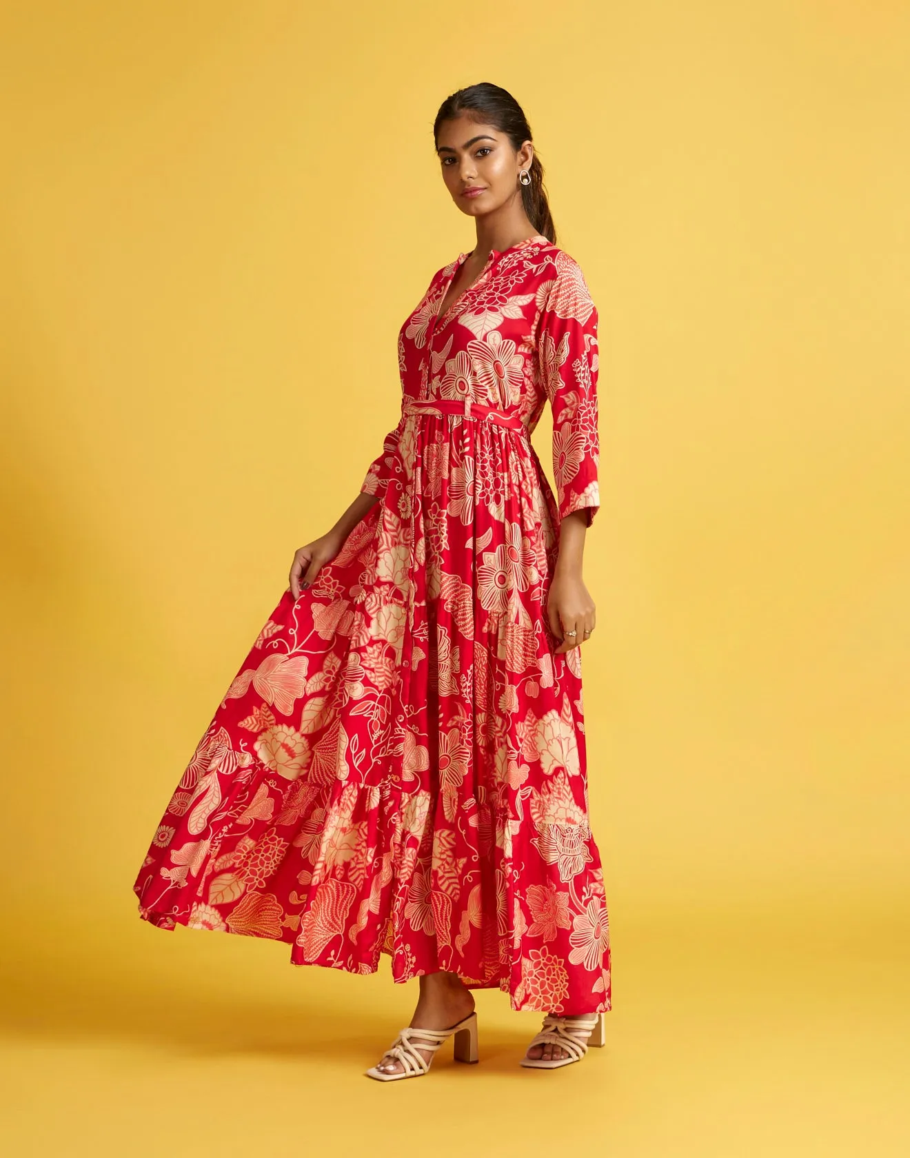 Fire Red Doodle Printed Flared Kurti