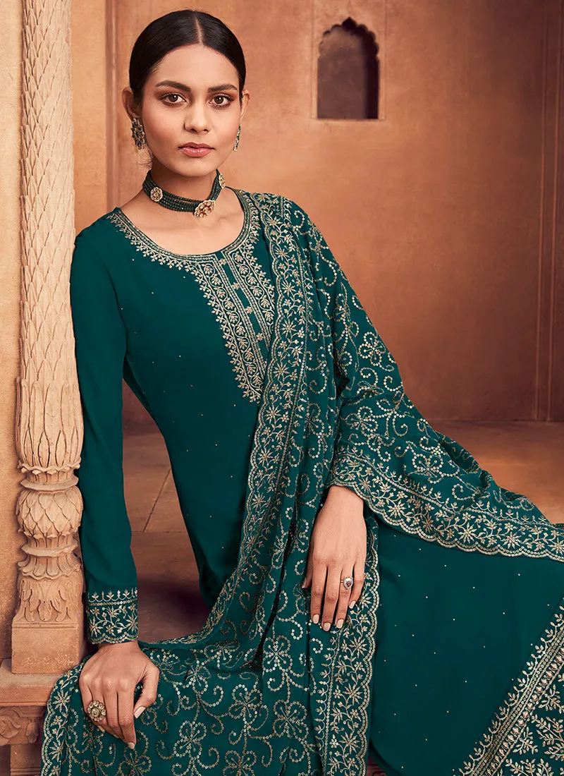 Firozi Green Sequence Embroidery Festive Pant Style Suit