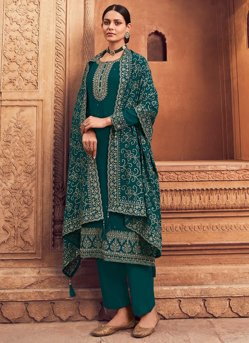 Firozi Green Sequence Embroidery Festive Pant Style Suit