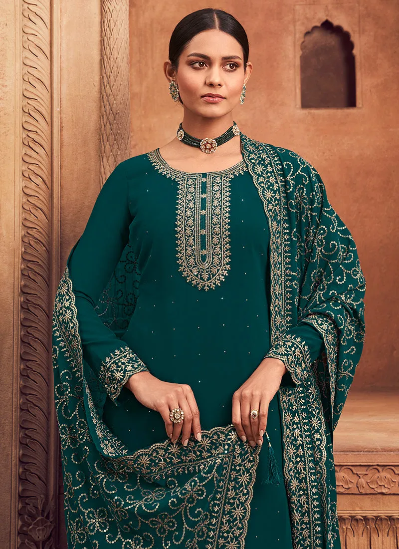 Firozi Green Sequence Embroidery Festive Pant Style Suit