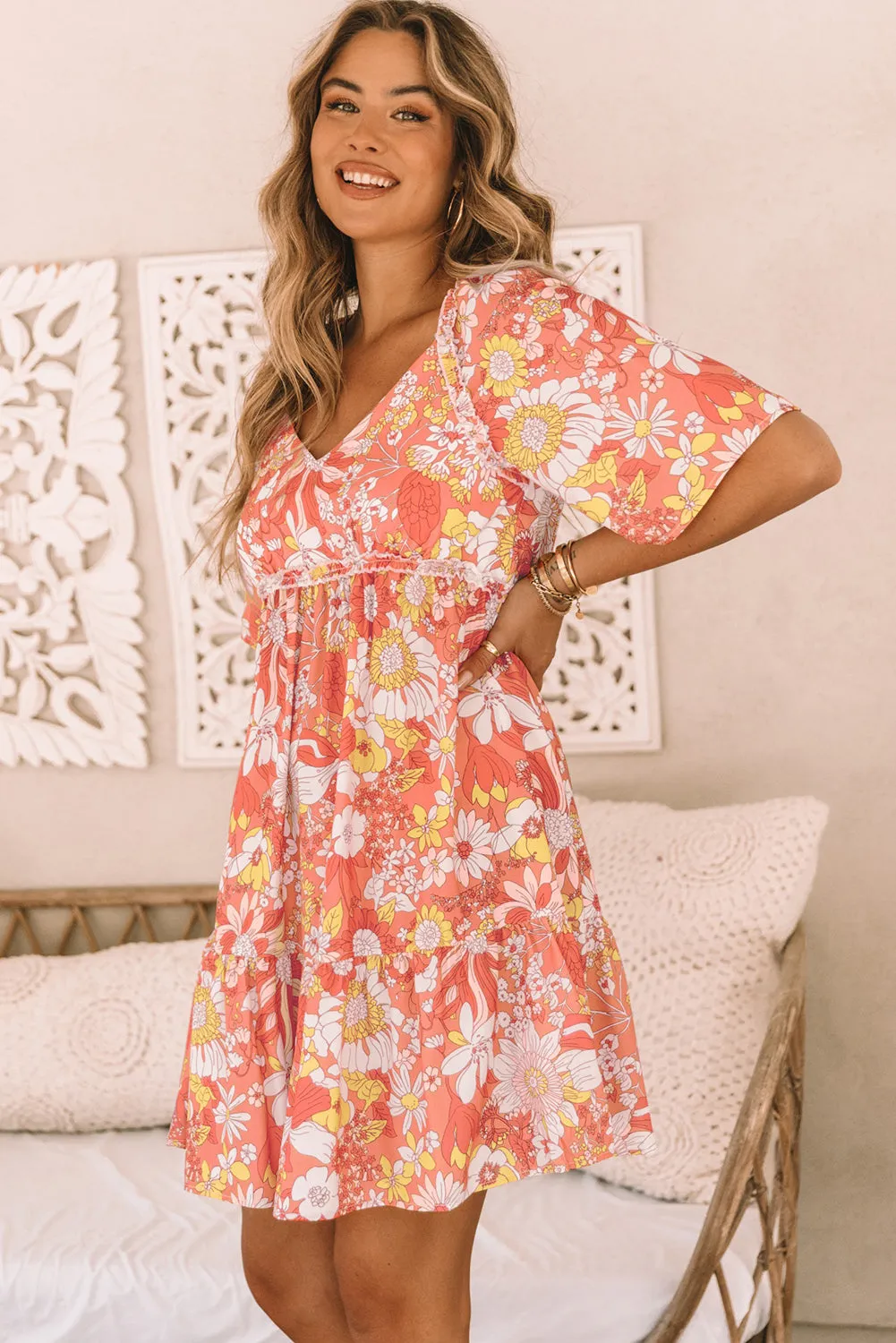 Floral Mini Dress with Flutter Sleeves and V-Neckline