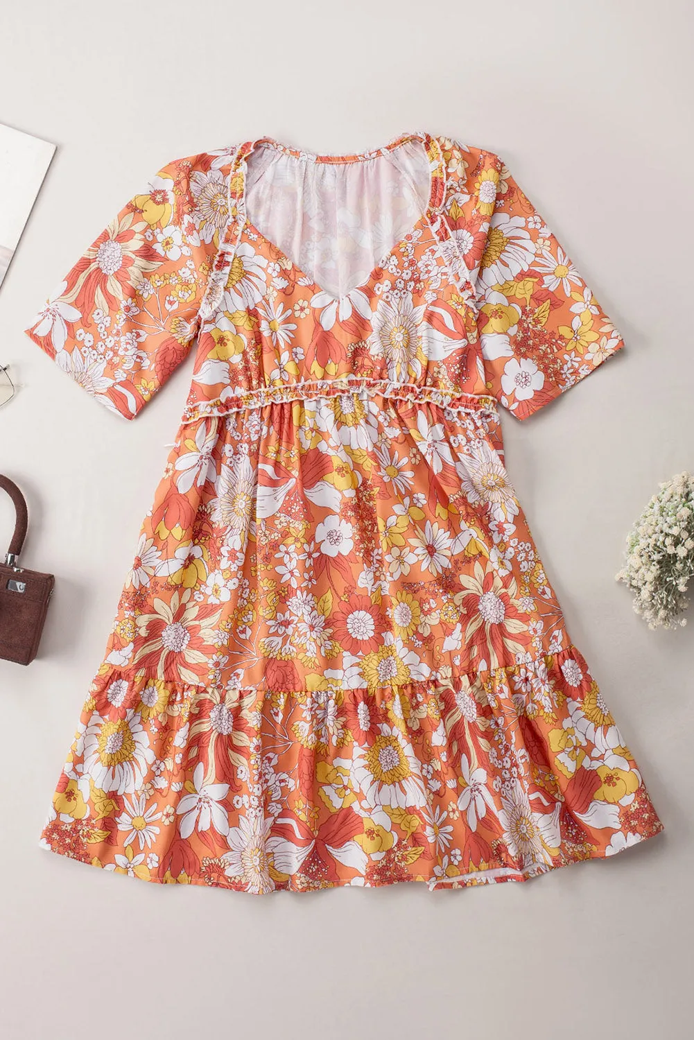 Floral Mini Dress with Flutter Sleeves and V-Neckline