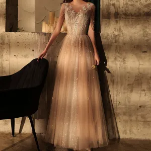 Floral Pattern Sleeveless Tassel Design Tulle Floor-Length Dress