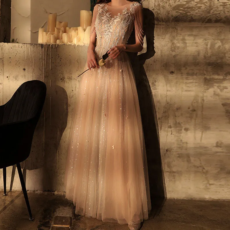 Floral Pattern Sleeveless Tassel Design Tulle Floor-Length Dress