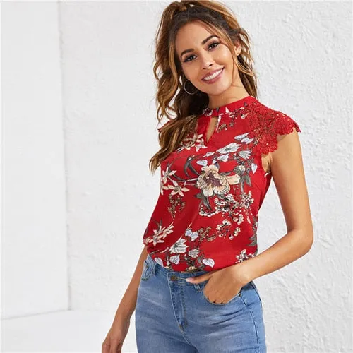 Floral Print Lace  Top