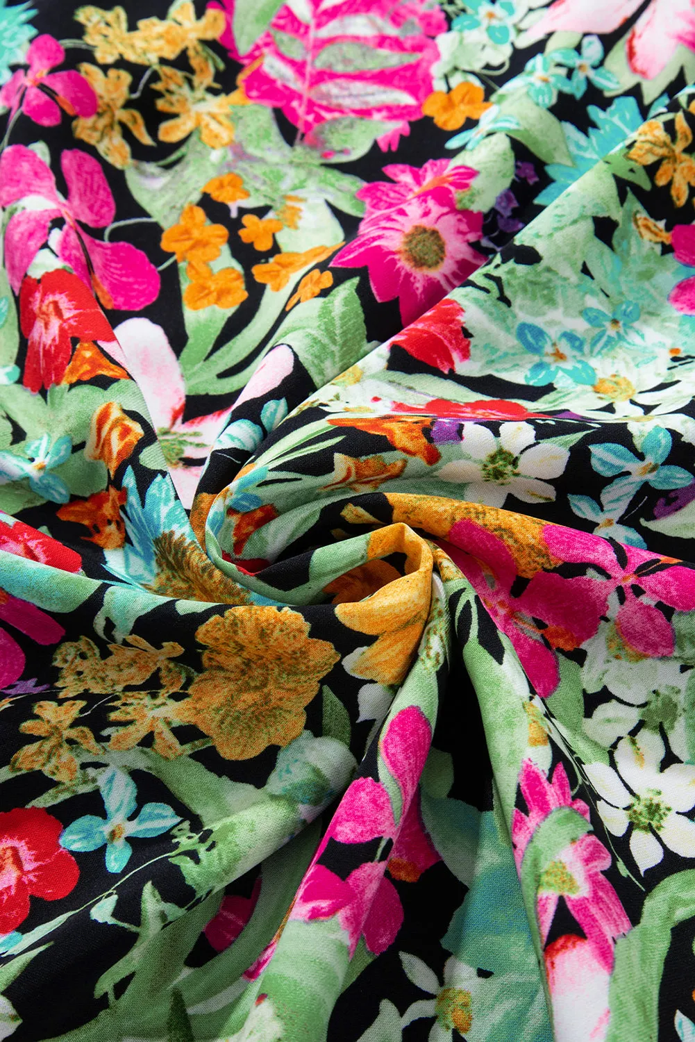 Floral Print Midi Dress with Puff Sleeves and Tassel Drawstring