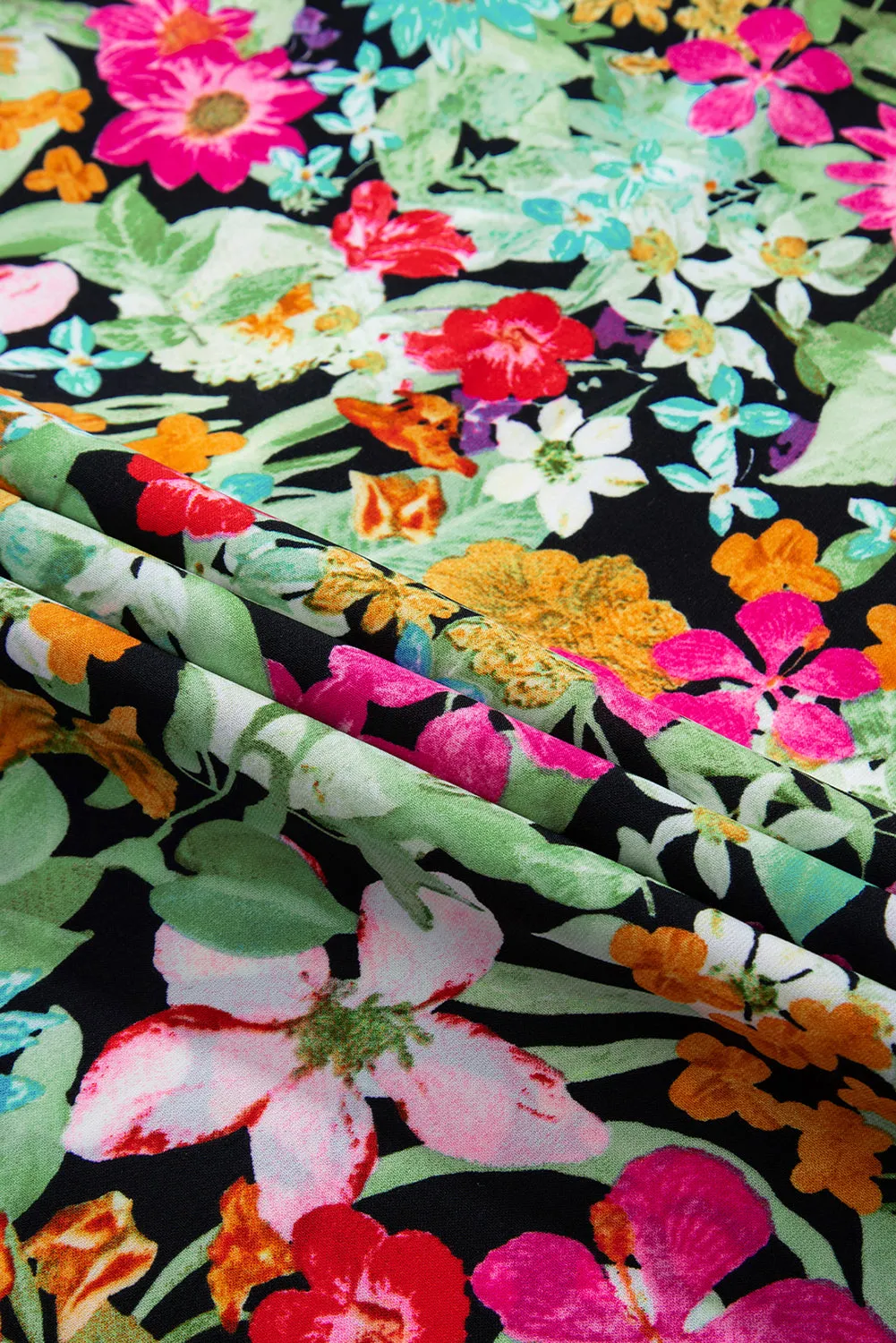 Floral Print Midi Dress with Puff Sleeves and Tassel Drawstring