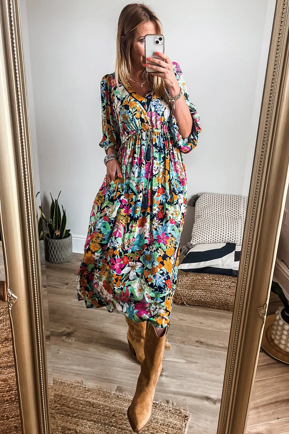 Floral Print Midi Dress with Puff Sleeves and Tassel Drawstring