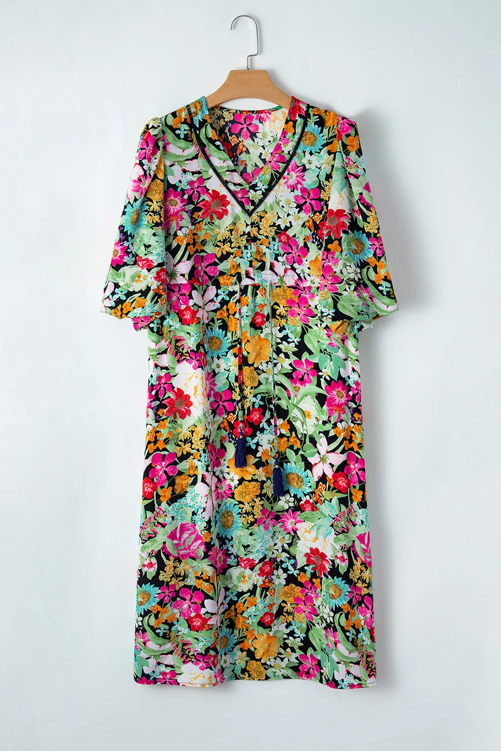 Floral Print Midi Dress with Puff Sleeves and Tassel Drawstring