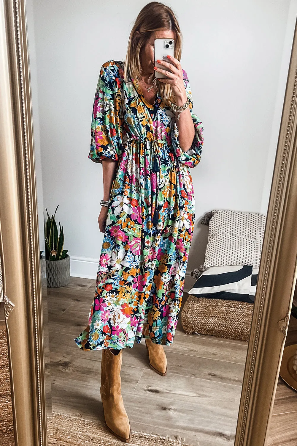 Floral Print Midi Dress with Puff Sleeves and Tassel Drawstring