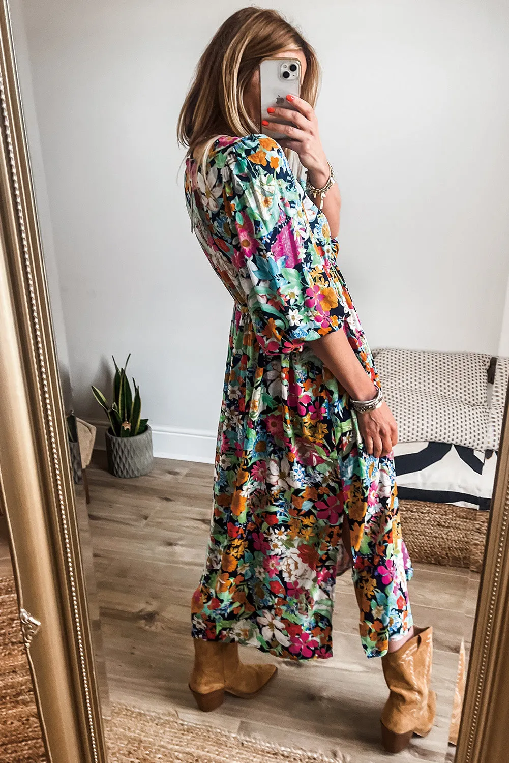 Floral Print Midi Dress with Puff Sleeves and Tassel Drawstring