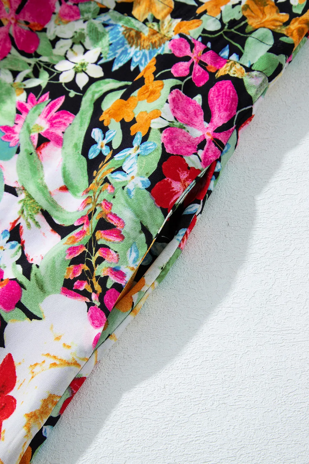 Floral Print Midi Dress with Puff Sleeves and Tassel Drawstring