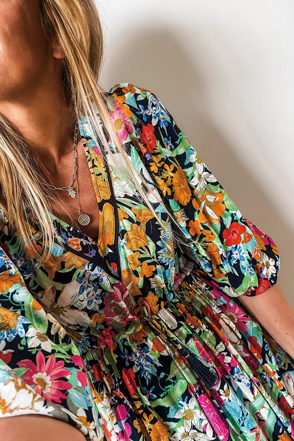 Floral Print Midi Dress with Puff Sleeves and Tassel Drawstring