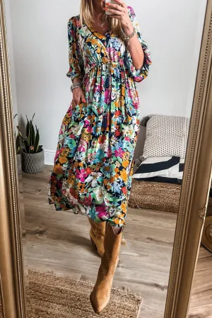 Floral Print Midi Dress with Puff Sleeves and Tassel Drawstring