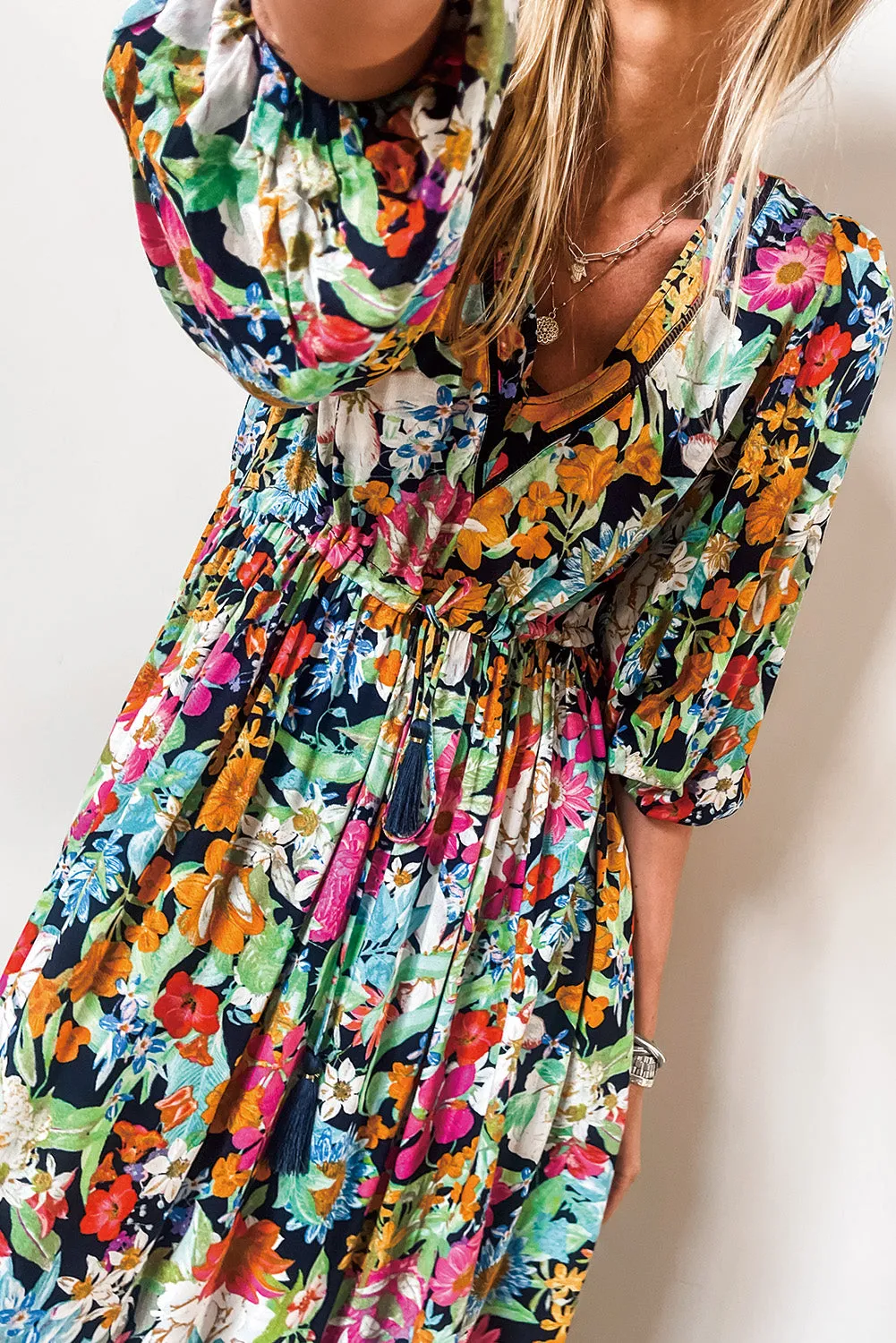 Floral Print Midi Dress with Puff Sleeves and Tassel Drawstring
