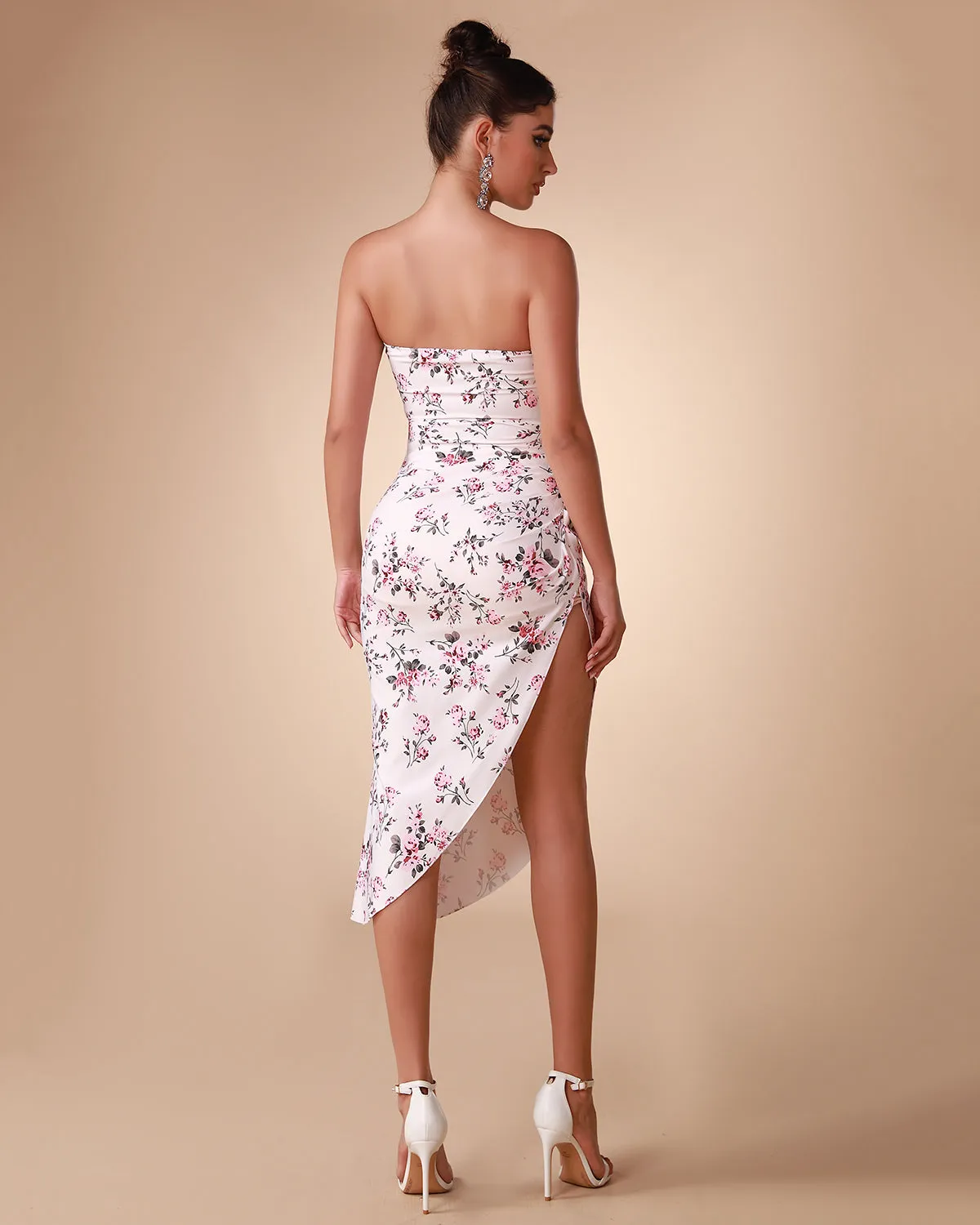 Floral Print Satin Strapless Dress