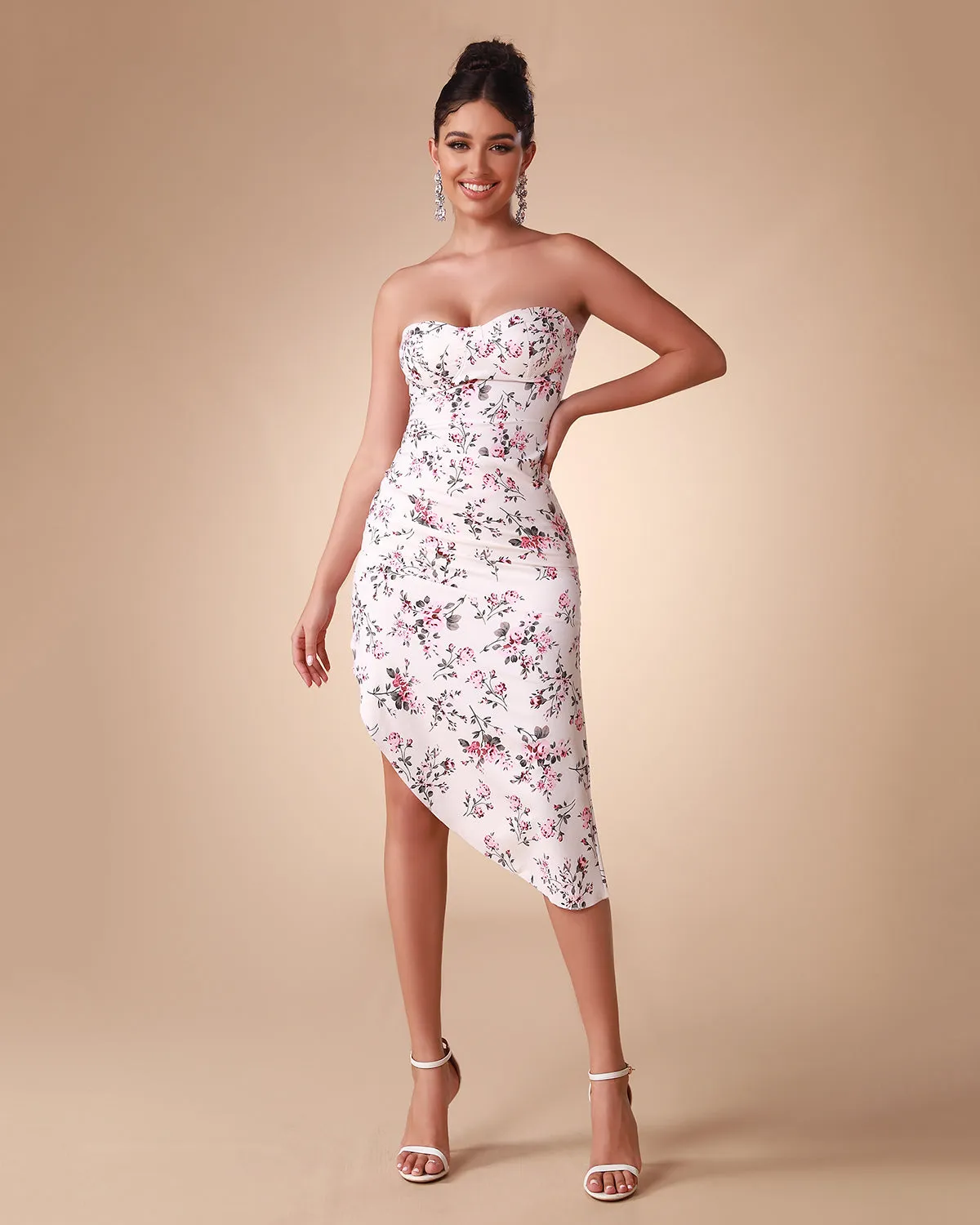 Floral Print Satin Strapless Dress