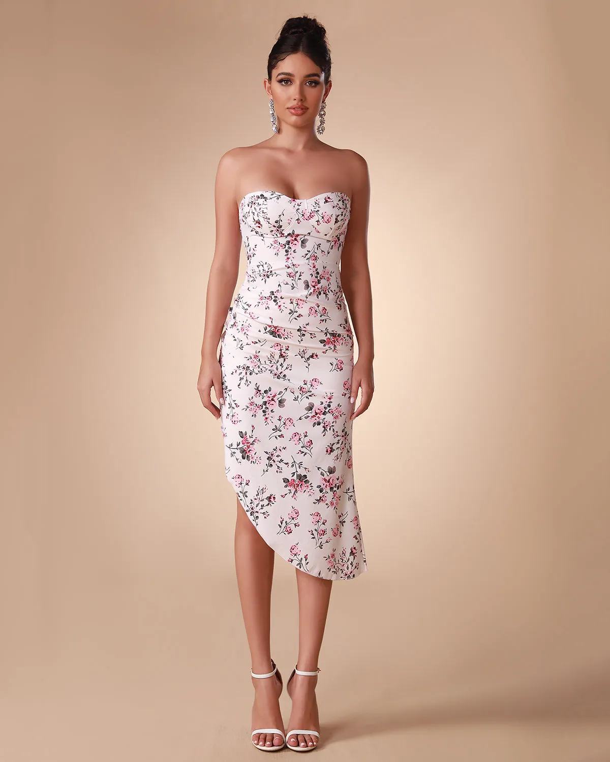 Floral Print Satin Strapless Dress