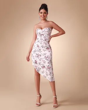 Floral Print Satin Strapless Dress