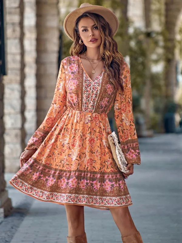 Floral Print V-neck Dress with Long Sleeves and Fitted Waist