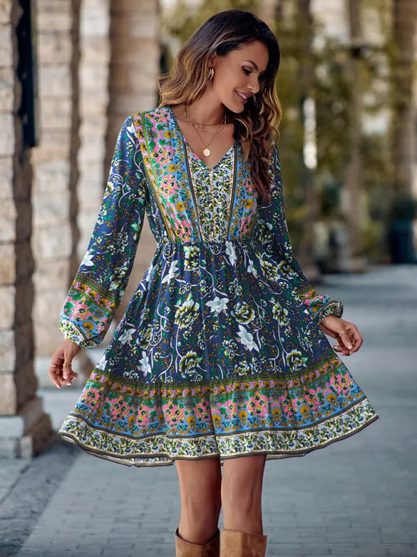 Floral Print V-neck Dress with Long Sleeves and Fitted Waist