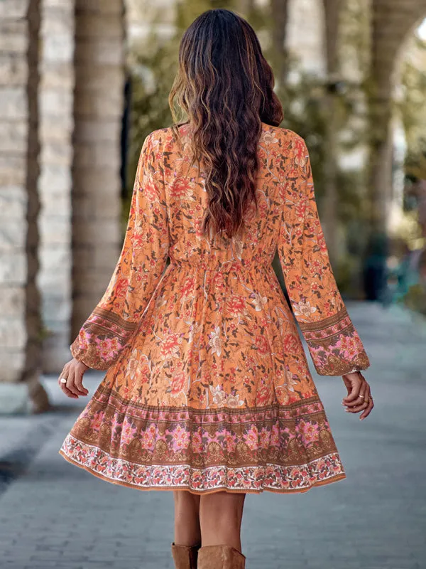 Floral Print V-neck Dress with Long Sleeves and Fitted Waist