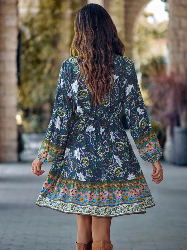 Floral Print V-neck Dress with Long Sleeves and Fitted Waist